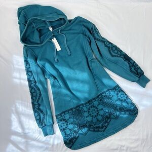 anthropologie | nwt | size xxs | teal hoodie dress with embroidery
